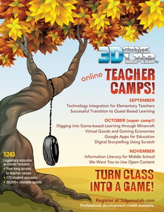 Register at 3dgamelab.com
Professional development credit available.
SEPTEMBER
Technology Integration for Elementary Teachers
Successful Transition to Quest-Based Learning
OCTOBER (super camp!)
Digging into Game-based Learning through Minecraft
Virtual Goods and Gaming Economies
Google Apps for Education
Digital Storytelling Using Scratch
NOVEMBER
Information Literacy for Middle School
We Want You to Use Open Content
online
$245
Legendary educator
accounts includes:
• Year-long access
to teacher camps
• 175 student accounts
• 20,000+ clonable quests
 