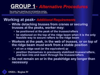 GROUP 1 -  Alternative Procedures <ul><li>Working at peak -  Additional Requirements   </li></ul><ul><ul><li>While detachi...
