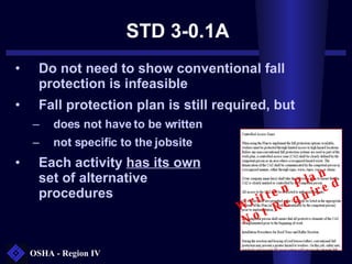 STD 3-0.1A  <ul><li>Do not need to show conventional fall protection is infeasible </li></ul><ul><li>Fall protection plan ...