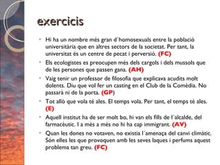 exercicis Hi ha un nombre més gran d´homosexuals entre la població universitària que en altres sectors de la societat. Per tant, la universitat és un centre de pecat i perversió.  (FC) Els ecologistes es preocupen més dels cargols i dels mussols que de les persones que passen gana.  (AH) Vaig tenir un professor de filosofia que explicava acudits molt dolents. Diu que vol fer un casting en el Club de la Comèdia. No passarà ni de la porta.  (GP ) Tot allò que vola té ales. El temps vola. Per tant, el temps té ales.  (E) Aquell institut ha de ser molt bo, hi van els fills de l´alcalde, del farmacèutic. I a més a més no hi ha cap immigrant.  (AV) Quan les dones no votaven, no existia l´amenaça del canvi climàtic. Són elles les que provoquen amb les seves laques i perfums aquest problema tan greu.  (FC) 