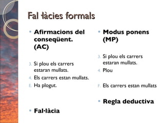 Fal·làcies formals Afirmacions del conseqüent. (AC) Si plou els carrers estaran mullats.  Els carrers estan mullats.  Ha plogut. Fal·làcia Modus ponens (MP) Si plou els carrers estaran mullats. Plou Els carrers estan mullats Regla deductiva 