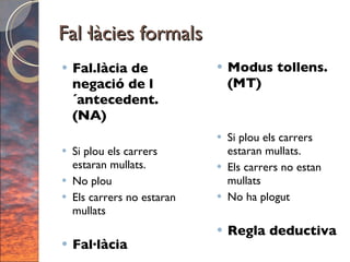 Fal·làcies formals Fal.làcia de negació de l´antecedent. (NA) Si plou els carrers estaran mullats. No plou Els carrers no estaran mullats Fal·làcia Modus tollens. (MT) Si plou els carrers estaran mullats. Els carrers no estan mullats No ha plogut Regla deductiva 