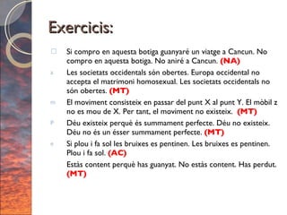 Exercicis: Si compro en aquesta botiga guanyaré un viatge a Cancun. No compro en aquesta botiga. No aniré a Cancun.  (NA) Les societats occidentals són obertes. Europa occidental no accepta el matrimoni homosexual. Les societats occidentals no són obertes.  (MT) El moviment consisteix en passar del punt X al punt Y. El mòbil z no es mou de X. Per tant, el moviment no existeix.  (MT) Déu existeix perquè és summament perfecte. Déu no existeix. Déu no és un ésser summament perfecte.  (MT) Si plou i fa sol les bruixes es pentinen. Les bruixes es pentinen. Plou i fa sol.  (AC) Estàs content perquè has guanyat. No estàs content. Has perdut.  (MT) 