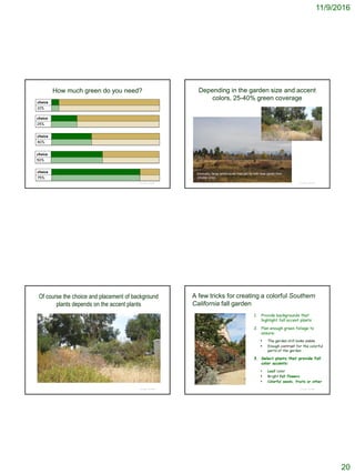 11/9/2016
20
How much green do you need?
choice
25%
© Project SOUND
choice
40%
choice
50%
choice
75%
choice
10%
Depending in the garden size and accent
colors, 25-40% green coverage
© Project SOUND
Ironically, large landscapes may get by with less green than
smaller ones
Of course the choice and placement of background
plants depends on the accent plants
© Project SOUND
A few tricks for creating a colorful Southern
California fall garden
© Project SOUND
1. Provide backgrounds that
highlight fall accent plants
2. Plan enough green foliage to
ensure:
 The garden still looks viable
 Enough contrast for the colorful
parts of the garden
3. Select plants that provide fall
color accents:
 Leaf color
 Bright fall flowers
 Colorful seeds, fruits or other
 