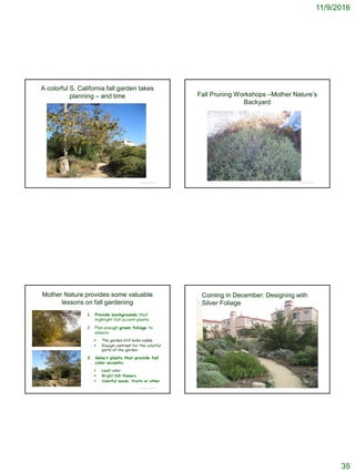 11/9/2016
35
A colorful S. California fall garden takes
planning – and time
© Project SOUND
Fall Pruning Workshops –Mother Nature’s
Backyard
© Project SOUND
Mother Nature provides some valuable
lessons on fall gardening
© Project SOUND © Project SOUND
Coming in December: Designing with
Silver Foliage
 