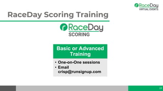 RaceDay Scoring Training
Basic or Advanced
Training
• One-on-One sessions
• Email
crisp@runsignup.com
19
 