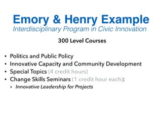 300 Level Courses
• Politics and Public Policy
• Innovative Capacity and Community Development
• Special Topics (4 credit hours)
• Change Skills Seminars (1 credit hour each):
‣ Innovative Leadership for Projects
Emory & Henry Example
Interdisciplinary Program in Civic Innovation
 