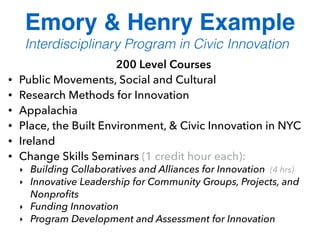200 Level Courses
• Public Movements, Social and Cultural
• Research Methods for Innovation
• Appalachia
• Place, the Built Environment, & Civic Innovation in NYC
• Ireland
• Change Skills Seminars (1 credit hour each):
‣ Building Collaboratives and Alliances for Innovation (4 hrs)
‣ Innovative Leadership for Community Groups, Projects, and
Nonproﬁts
‣ Funding Innovation
‣ Program Development and Assessment for Innovation
Emory & Henry Example
Interdisciplinary Program in Civic Innovation
 