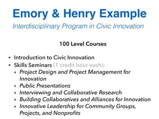Emory & Henry Example
Interdisciplinary Program in Civic Innovation
100 Level Courses
• Introduction to Civic Innovation
• Skills Seminars (1 credit hour each):
‣ Project Design and Project Management for
Innovation
‣ Public Presentations
‣ Interviewing and Collaborative Research
‣ Building Collaboratives and Alliances for Innovation
‣ Innovative Leadership for Community Groups,
Projects, and Nonproﬁts
 