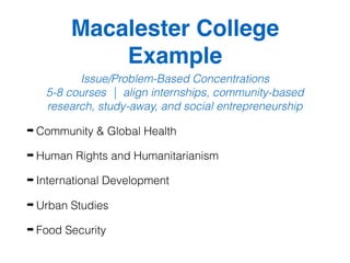 Macalester College
Example
Issue/Problem-Based Concentrations
5-8 courses | align internships, community-based
research, study-away, and social entrepreneurship
➡ Community & Global Health
➡ Human Rights and Humanitarianism
➡ International Development
➡ Urban Studies
➡ Food Security
 
