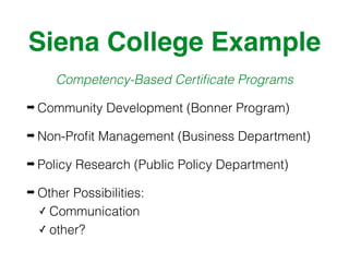 Siena College Example
Competency-Based Certiﬁcate Programs
➡ Community Development (Bonner Program)
➡ Non-Proﬁt Management (Business Department)
➡ Policy Research (Public Policy Department)
➡ Other Possibilities:
✓ Communication
✓ other?
 