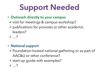 Support Needed
• Outreach directly to your campus
✓ visit for meetings & campus workshop?
✓ publications for provosts or other academic
leaders?
✓ …?
• National support
✓ Foundation-hosted national gathering or as part of
AAC&U or other conference?
✓ start-up guide with examples?
✓ …?
 
