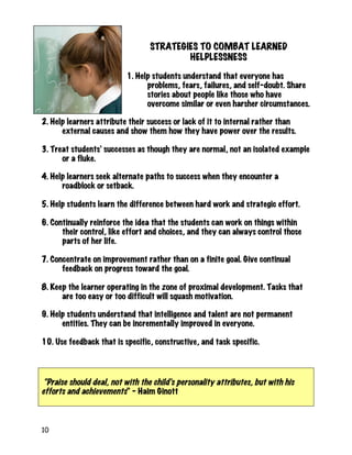10
STRATEGIES TO COMBAT LEARNED
HELPLESSNESS
1. Help students understand that everyone has
problems, fears, failures, and self-doubt. Share
stories about people like those who have
overcome similar or even harsher circumstances.
2. Help learners attribute their success or lack of it to internal rather than
external causes and show them how they have power over the results.
3. Treat students’ successes as though they are normal, not an isolated example
or a fluke.
4. Help learners seek alternate paths to success when they encounter a
roadblock or setback.
5. Help students learn the difference between hard work and strategic effort.
6. Continually reinforce the idea that the students can work on things within
their control, like effort and choices, and they can always control those
parts of her life.
7. Concentrate on improvement rather than on a finite goal. Give continual
feedback on progress toward the goal.
8. Keep the learner operating in the zone of proximal development. Tasks that
are too easy or too difficult will squash motivation.
9. Help students understand that intelligence and talent are not permanent
entities. They can be incrementally improved in everyone.
10. Use feedback that is specific, constructive, and task specific.
“Praise should deal, not with the child’s personality attributes, but with his
efforts and achievements” – Haim Ginott
 