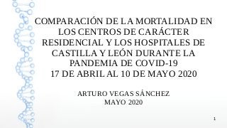 1
COMPARACIÓN DE LA MORTALIDAD EN
LOS CENTROS DE CARÁCTER
RESIDENCIAL Y LOS HOSPITALES DE
CASTILLA Y LEÓN DURANTE LA
PANDEMIA DE COVID-19
17 DE ABRIL AL 10 DE MAYO 2020
ARTURO VEGAS SÁNCHEZ
MAYO 2020
 