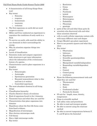 Fall Final Exam Study Guide-Science-Taylor-2009 ,[object Object]