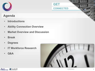 GET
CONNECTED
Agenda
• Introductions
• Ability Connection Overview
• Market Overview and Discussion
• Break
• Degrees
• IT Workforce Research
• Q&A
1/29/2015 2
 