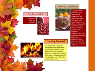 This fragrance is a masculine
arrangement that begins with
top notes of herbaceous pine,
balsam, and citrus bergamot;
leading to middle notes of white
flowers and earthy sandalwood;
sitting on base notes of woodsy
patchouli and violet.
A wonderful
fresh, tart
cranberry.
Cranberry Relish
A spicy cranberry
blend with juicy
peaches, ripe
strawberries and
raspberries, mixed
with cassia root,
cinnamon and hints
of clove finished with
vanilla. Top notes
include cranberry,
orange, peach,
raspberry,
strawberry, and lime.
Middle notes include
cassia root,
cinnamon, clove,
rose, and hyacinth.
Base notes of vanilla
and musk.
Cranberry Cassia Root
 