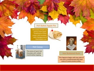 The aroma of fresh cut
granny smith apples,
smothered in butter,
cream, and cinnamon,
with a background of
fresh baked crust.
Hot Baked Apple Pie
This fragrance begins with top notes of
rum and is complimented with base
notes of creamy buttery toffee.
Hot Buttered Rum
The aroma of warm hot
chocolate with melted
marshmallow topping.
Hot Cocoa
 