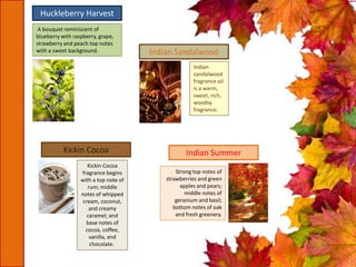 A bouquet reminiscent of
blueberry with raspberry, grape,
strawberry and peach top notes
with a sweet background.
Huckleberry Harvest
Indian
sandalwood
fragrance oil
is a warm,
sweet, rich,
woodsy
fragrance.
Indian Sandalwood
Strong top notes of
strawberries and green
apples and pears;
middle notes of
geranium and basil;
bottom notes of oak
and fresh greenery.
Indian Summer
Kickin Cocoa
fragrance begins
with a top note of
rum; middle
notes of whipped
cream, coconut,
and creamy
caramel; and
base notes of
cocoa, coffee,
vanilla, and
chocolate.
Kickin Cocoa
 