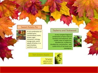 Sweet Potato Pie
A rich combination of
candied yams,
marshmallow cream,
brown sugar,
cinnamon, nutmeg,
orange zests, and a
splash of lemon, in a
warm buttery
southern crust.
Tayberry and Teakwood
A very complex fragrance
combination of base notes of
bamboo and teakwood, with
middle notes of tayberries,
blackberries, mulberries,
cloudberries, and peaches, with
subtle hints of red clover and
sweetgrass.
Tart Green Apple
Tart green
granny smith
apple aroma.
 