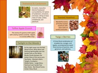 An exotic, masculine
blend of teakwood
surrounded by rich spices
of cardamom, cinnamon,
and clove; sitting on base
notes of cedar, amber,
sandalwood, and
patchouli.
Teakwood & Cardamom
Toasted Hazelnut
Wonderful aroma
of freshly toasted
hazelnuts with
base notes of
vanilla and butter.
Toffee Apple Crunch
The aroma of a granny smith apple
with creamy, buttery caramel; dipped
in crunchy toffee chips. Twigs n Berries
A fruity floral combination of
strawberries, oranges, and
apples; accompanied by sweet
floral aromas of jasmine, rose
geranium, and oakmoss.
As the night seeps into the Red
Wood Forest, Misty Moss and
Patchouli gently glide over the
Sandal Trees as the White
Musky Clouds dampen the
Amber Glow of this eerie aura.
Top Notes: Mandarin Balm,
Tangelo, Eucalyptus
Middle Notes: Jungle Moss,
Patchouli Leaf, Sandal Tree
Base Notes: Red Wood Forest,
Amber Glow, Musk
Twilight in the Woods
 