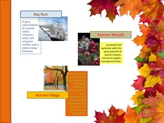 A spicy,
cultural blend
of crushed
cloves,
cinnamon
sticks, and
crisp pine
needles, with a
sweet orange
freshness.
Bay Rum
Autumn magic
starts with top
notes of lemon
and apple;
followed by
middle notes of
anise,
cinnamon, and
ginger; sitting
on well-rounded
base notes of
woods, musk,
and vanilla.
Autumn Magic
A cheerful fall
welcome with the
spicy warmth of
autumn leaves,
cinnamon apples,
nutmeg and clove.
Autumn Wreath
 