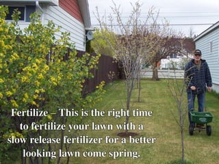 • Fertilize – This is the right time to fertilize your lawn
with a slow release fertilizer for a better looking
lawn come spring.