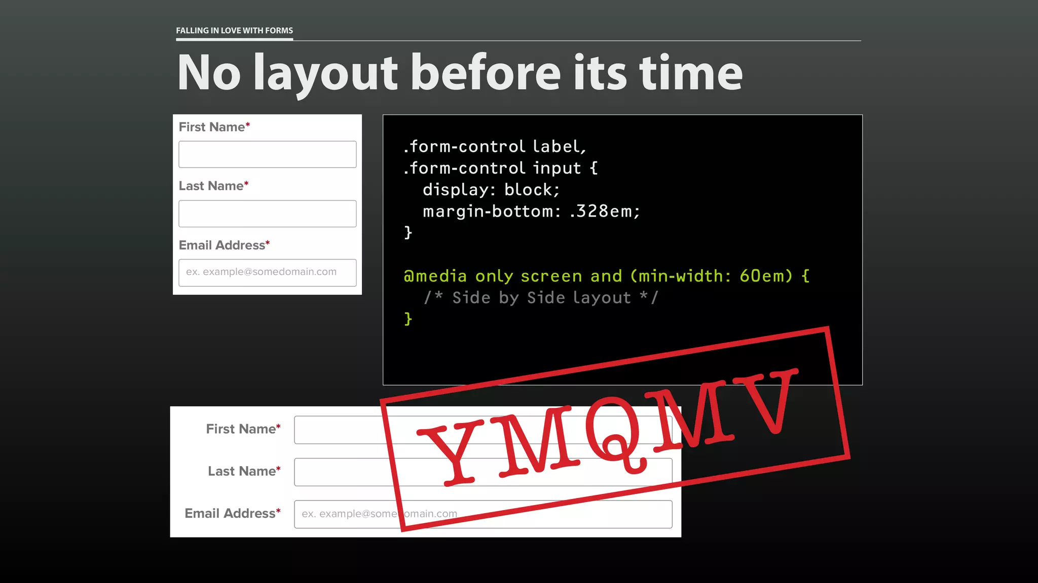 FALLING IN LOVE WITH FORMS
No layout before its time
.form-control label,
.form-control input {
display: block;
margin-bottom: .328em;
}
@media only screen and (min-width: 60em) {
/* Side by Side layout */
}
YMQMV
 