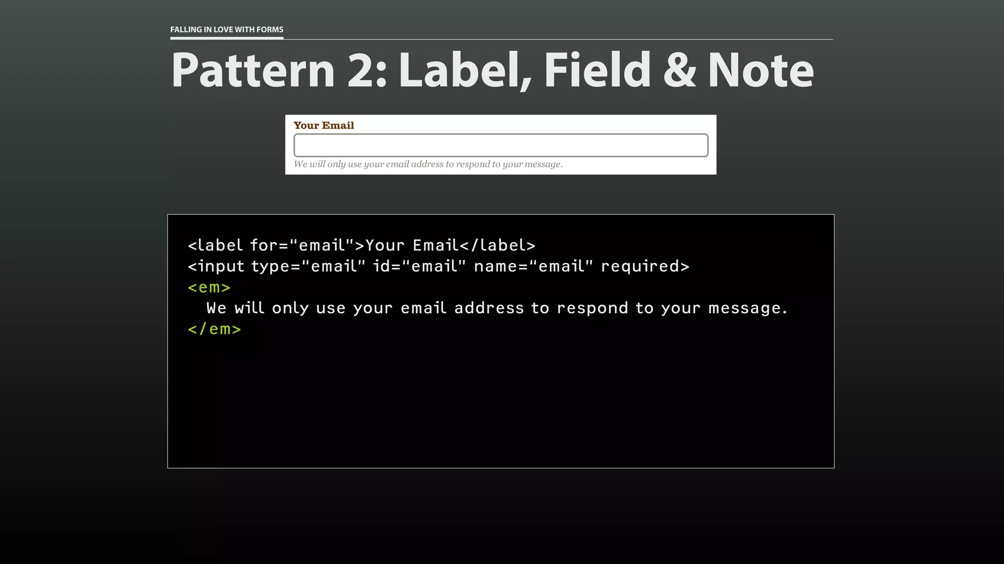FALLING IN LOVE WITH FORMS
Pattern 2: Label, Field & Note
<label for=“email”>Your Email</label>
<input type=“email” id=“email” name=“email” required>
<em>
We will only use your email address to respond to your message.
</em>
 