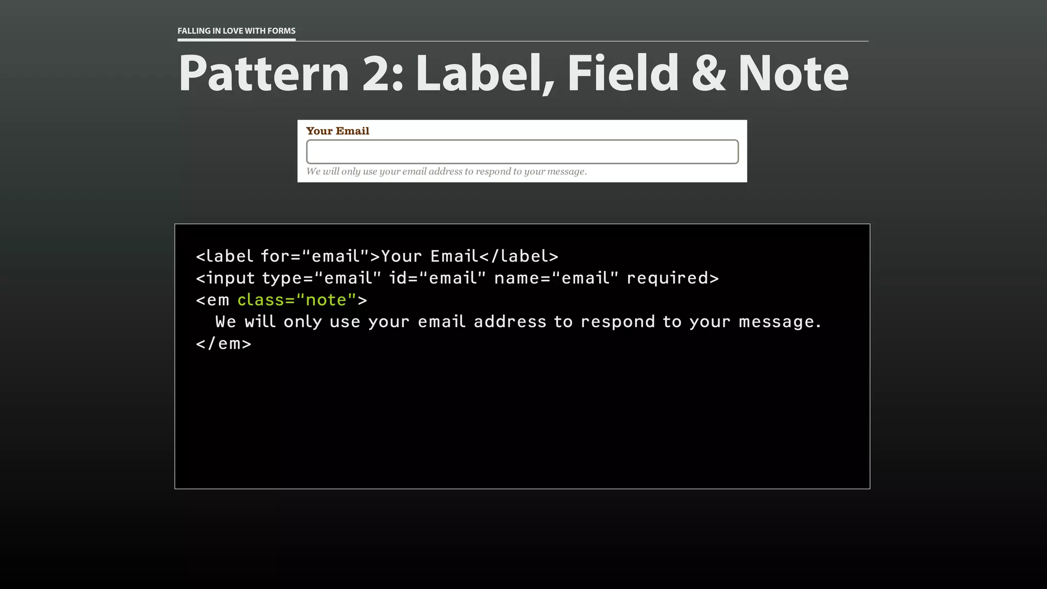 FALLING IN LOVE WITH FORMS
Pattern 2: Label, Field & Note
<label for=“email”>Your Email</label>
<input type=“email” id=“email” name=“email” required>
<em class=“note”>
We will only use your email address to respond to your message.
</em>
 