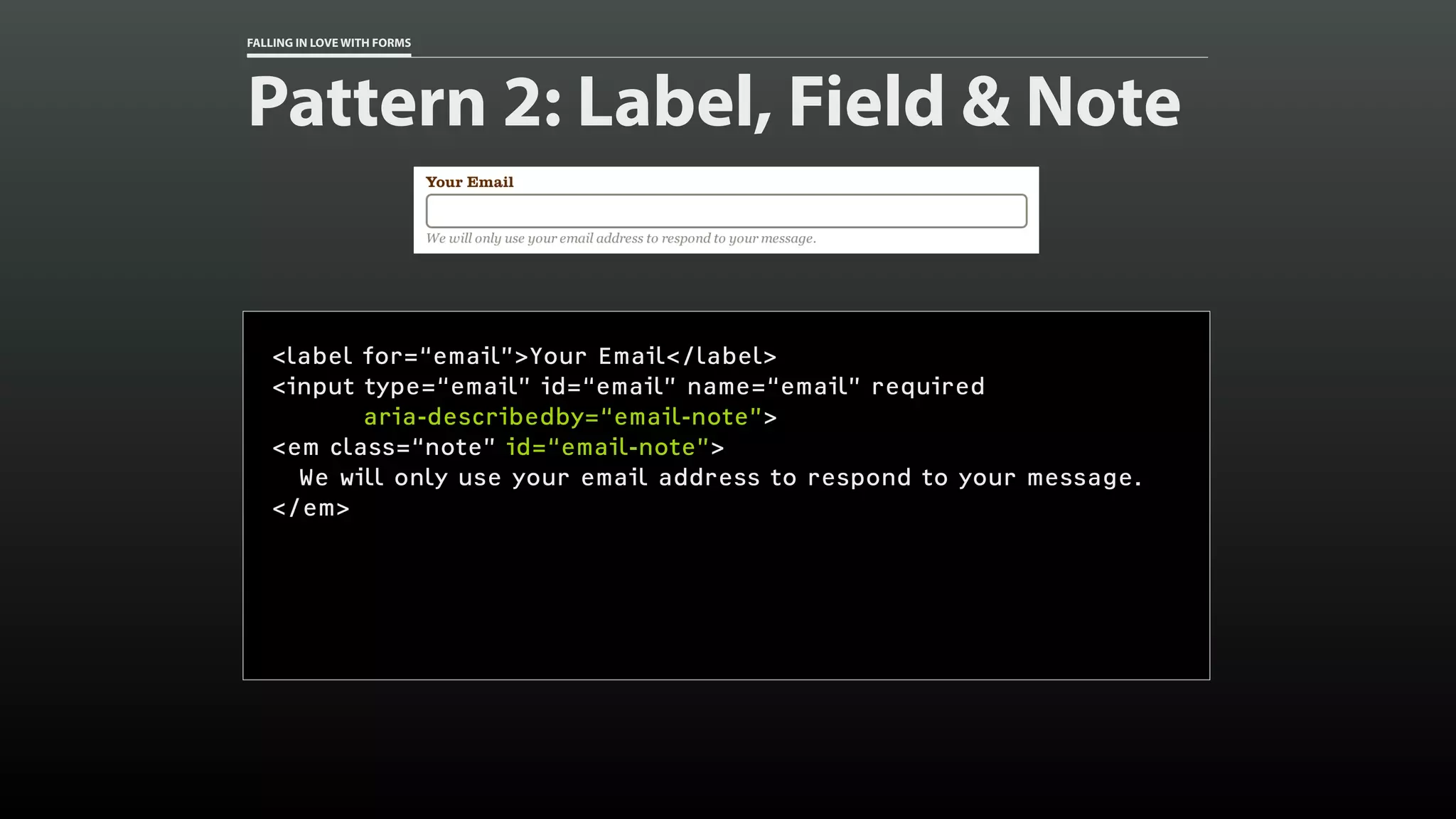 FALLING IN LOVE WITH FORMS
Pattern 2: Label, Field & Note
<label for=“email”>Your Email</label>
<input type=“email” id=“email” name=“email” required
aria-describedby=“email-note”>
<em class=“note” id=“email-note”>
We will only use your email address to respond to your message.
</em>
 