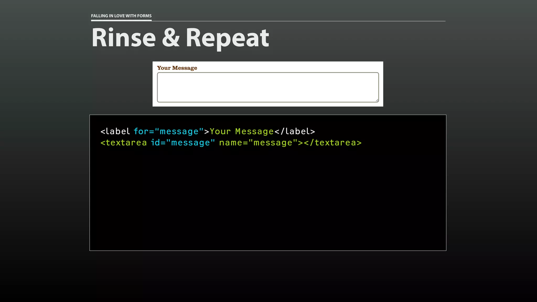 FALLING IN LOVE WITH FORMS
Rinse & Repeat
<label for=“message”>Your Message</label>
<textarea id="message" name="message"></textarea>
 
