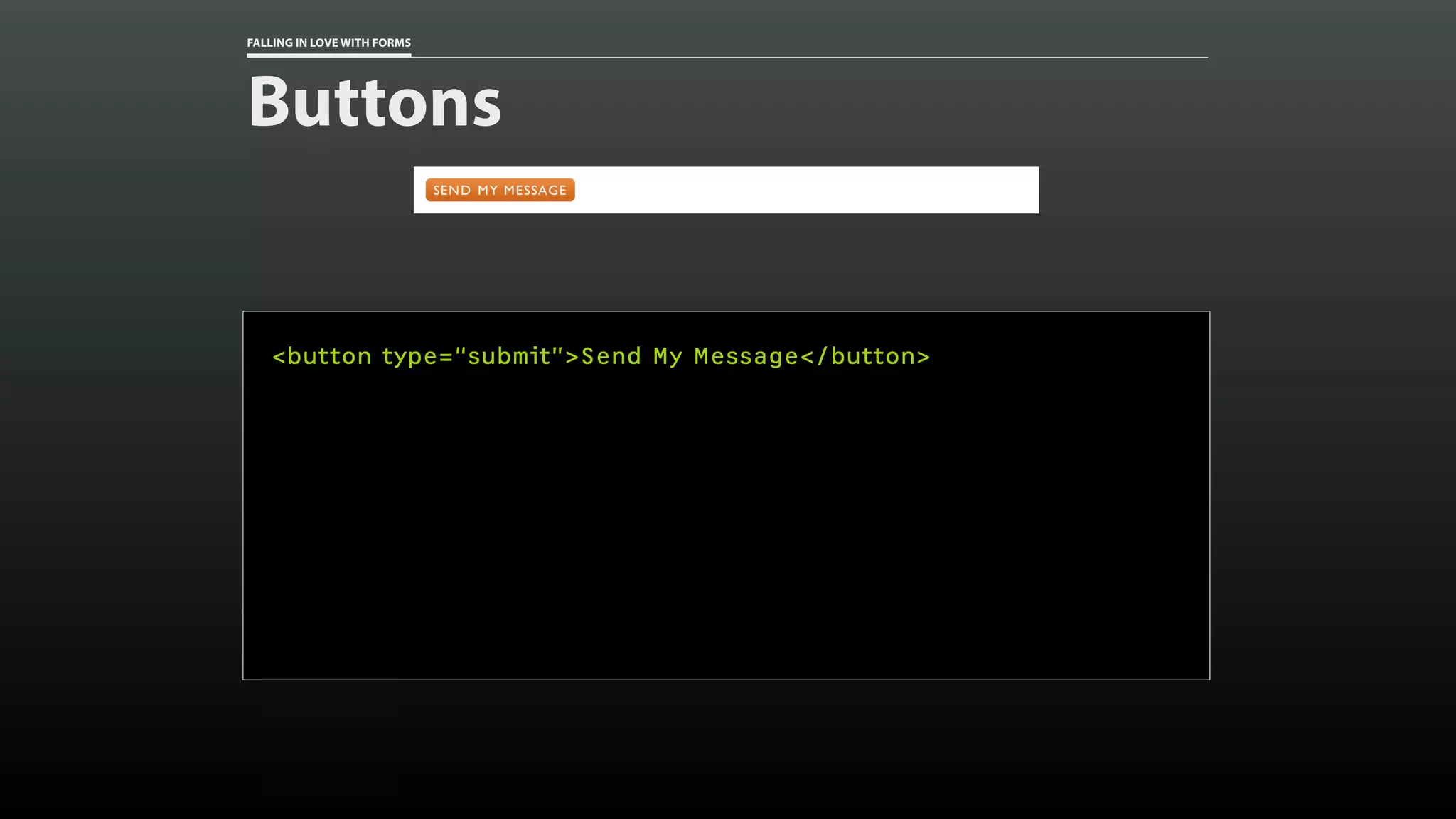 FALLING IN LOVE WITH FORMS
Buttons
<button type=“submit”>Send My Message</button>
 