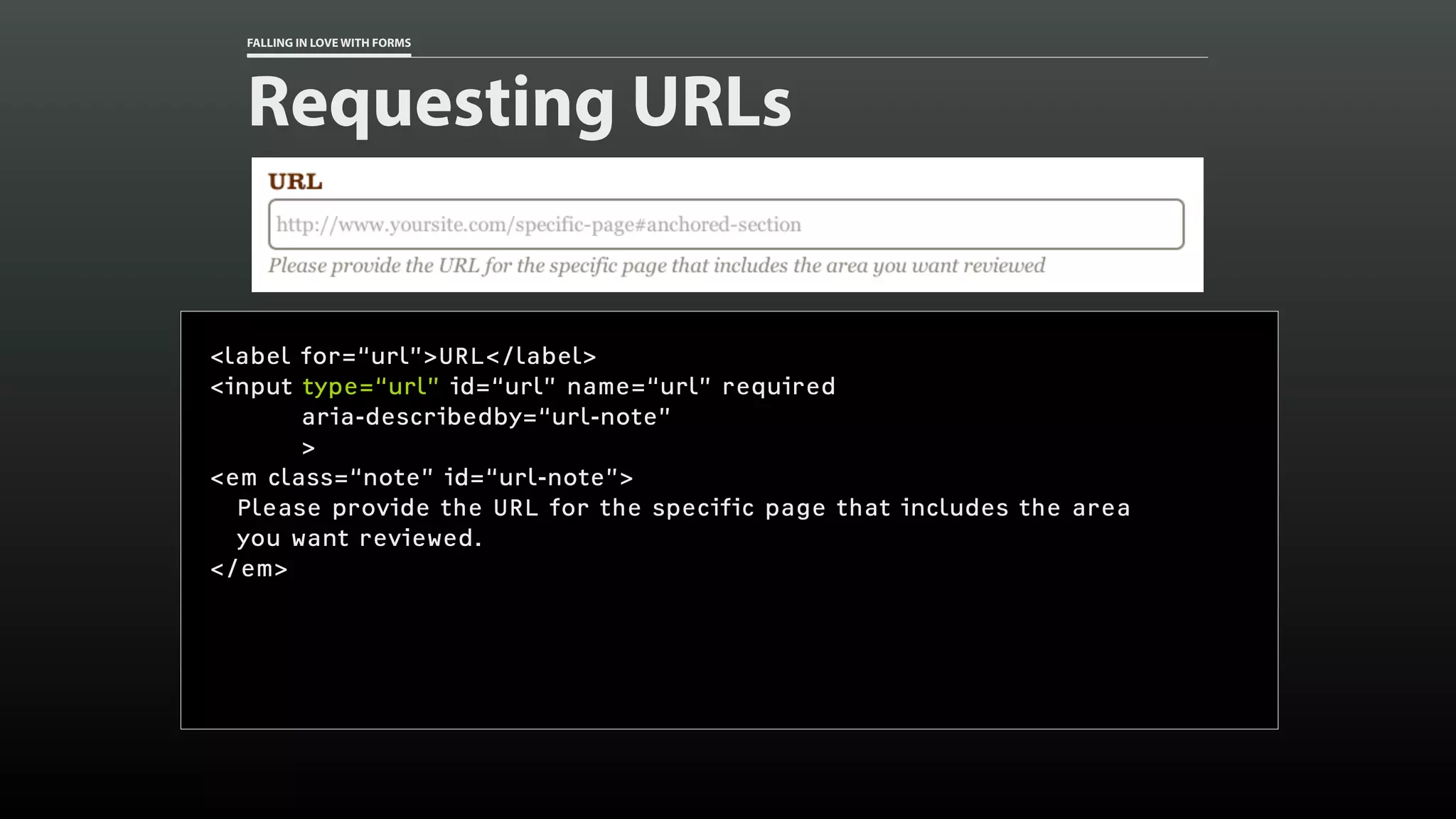 FALLING IN LOVE WITH FORMS
Requesting URLs
<label for=“url”>URL</label>
<input type=“url” id=“url” name=“url” required
aria-describedby=“url-note”
>
<em class=“note” id=“url-note”>
Please provide the URL for the specific page that includes the area
you want reviewed.
</em>
 