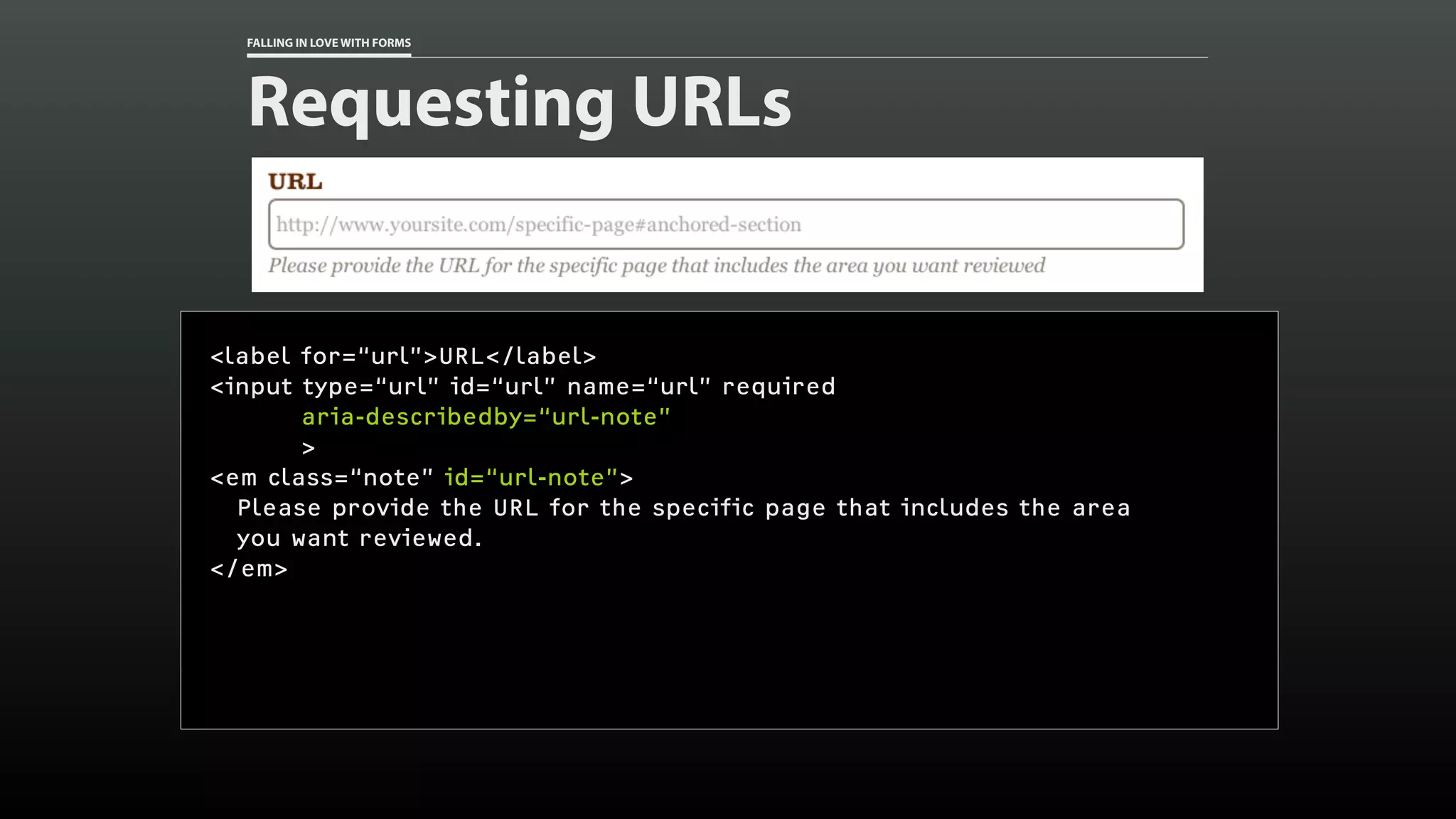 FALLING IN LOVE WITH FORMS
Requesting URLs
<label for=“url”>URL</label>
<input type=“url” id=“url” name=“url” required
aria-describedby=“url-note”
>
<em class=“note” id=“url-note”>
Please provide the URL for the specific page that includes the area
you want reviewed.
</em>
 