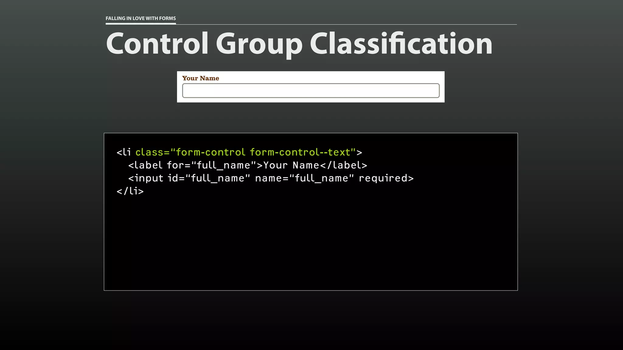 FALLING IN LOVE WITH FORMS
Control Group Classification
<li class=“form-control form-control--text”>
<label for=“full_name”>Your Name</label>
<input id=“full_name” name=“full_name” required>
</li>
 