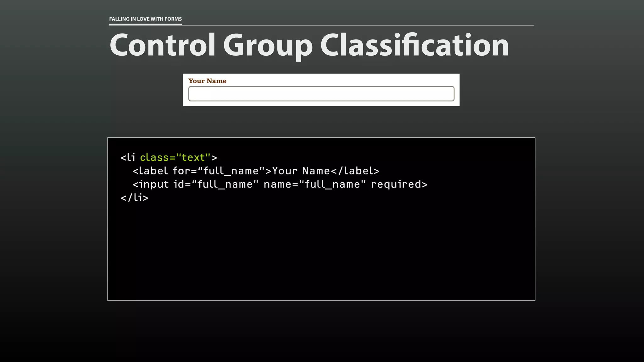 FALLING IN LOVE WITH FORMS
Control Group Classification
<li class=“text”>
<label for=“full_name”>Your Name</label>
<input id=“full_name” name=“full_name” required>
</li>
 