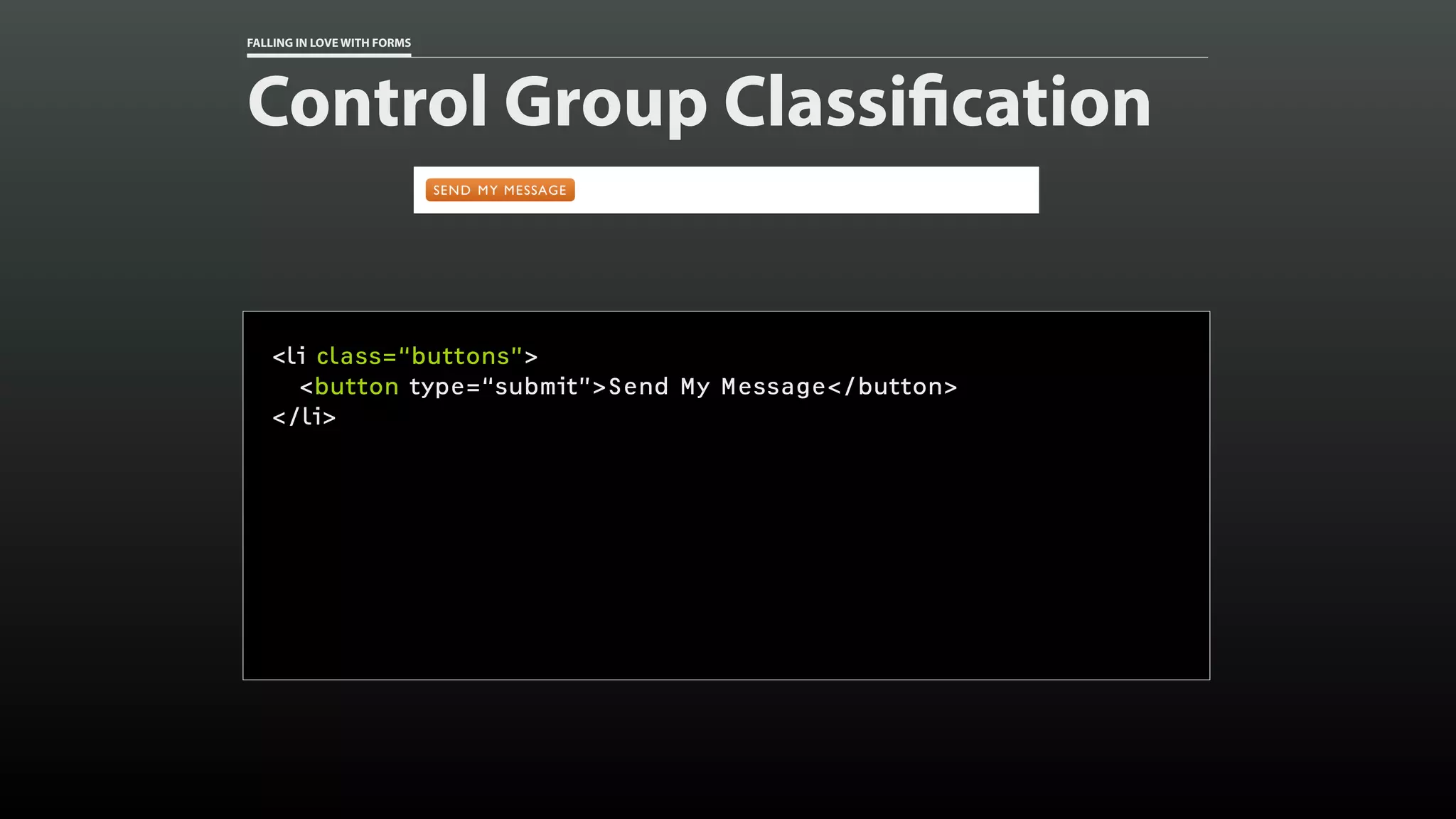FALLING IN LOVE WITH FORMS
Control Group Classification
<li class=“buttons”>
<button type=“submit”>Send My Message</button>
</li>
 