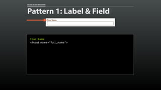 FALLING IN LOVE WITH FORMS
Pattern 1: Label & Field
Your Name
<input name=“full_name”>
 
