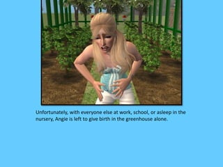 Unfortunately, with everyone else at work, school, or asleep in the 
nursery, Angie is left to give birth in the greenhouse alone. 
 