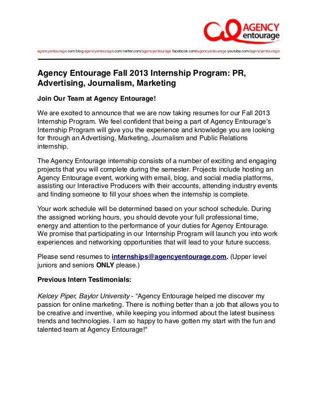 agency entourage fall 2013 internship program pr advertising journalism marketing join our - Advertising Internship Resume agency entourage fall 2013 internship program pr advertising journalism marketing join our - Advertising Internship Resume