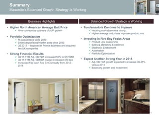 15
Summary
Masonite’s Balanced Growth Strategy Is Working
Balanced Growth Strategy is WorkingBusiness Highlights
• Higher ...