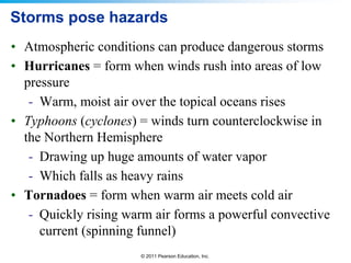 © 2011 Pearson Education, Inc.
Storms pose hazards
• Atmospheric conditions can produce dangerous storms
• Hurricanes = form when winds rush into areas of low
pressure
- Warm, moist air over the topical oceans rises
• Typhoons (cyclones) = winds turn counterclockwise in
the Northern Hemisphere
- Drawing up huge amounts of water vapor
- Which falls as heavy rains
• Tornadoes = form when warm air meets cold air
- Quickly rising warm air forms a powerful convective
current (spinning funnel)
 