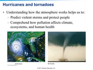 © 2011 Pearson Education, Inc.
Hurricanes and tornadoes
• Understanding how the atmosphere works helps us to:
- Predict violent storms and protect people
- Comprehend how pollution affects climate,
ecosystems, and human health
 