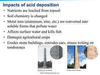 © 2011 Pearson Education, Inc.
Impacts of acid deposition
• Nutrients are leached from topsoil
• Soil chemistry is changed
• Metal ions (aluminum, zinc, etc.) are converted into
soluble forms that pollute water
• Affects surface water and kills fish
• Damages agricultural crops
• Erodes stone buildings, corrodes cars, erases writing on
tombstones
 