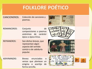 FOLKLORE POÉTICO
CANCIONEROS:   Colección de canciones y
               poemas.


ROMANCEROS:    Conjunto              de
               composiciones o poemas
               anónimos de carácter
               épico o épico-lírico.
REFRANEROS:    Son dichos breves, que
               representan algún
               aspecto del sentido
               común o de sabiduría
               popular.

ADIVINANZAS:   Brevez enunciados o
               versos que plantean un
               enigma o acertijo de
               forma sencilla.
 