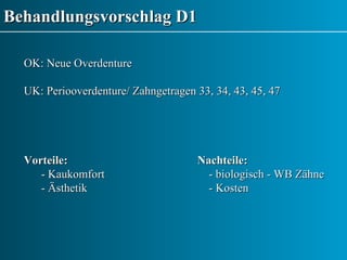 Behandlungsvorschlag D1 OK: Neue Overdenture UK: Periooverdenture/ Zahngetragen 33, 34, 43, 45, 47   Vorteile: Nachteile: - Kaukomfort   - biologisch - WB Zähne - Ästhetik   - Kosten 