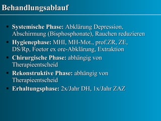 Behandlungsablauf Systemische Phase:  Abklärung Depression, Abschirmung (Bisphosphonate), Rauchen reduzieren Hygienephase:  MHI, MH-Mot., prof.ZR, ZE, DS/Rp, Foetor ex ore-Abklärung, Extraktion Chirurgische Phase:  abhängig von Therapieentscheid Rekonstruktive Phase:  abhängig von Therapieentscheid Erhaltungsphase:  2x/Jahr DH, 1x/Jahr ZAZ 