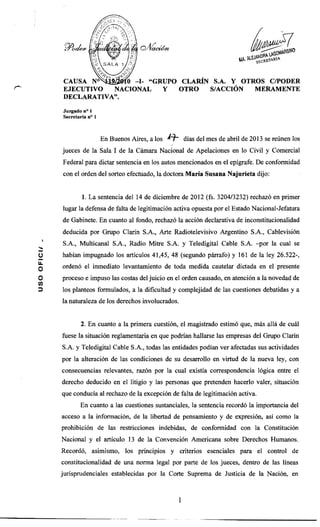 Fallo de la Cámara Federal sobre constitucionalidad de ley de medios