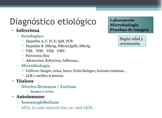 • Infecciosa
▫ Serologías:
 Hepatitis A, C, D, E: IgM, PCR
 Hepatitis B: HBsAg, HBcAc(IgM), HBeAg
 VIH. VHS. VEB. CMV.
 Parvovirus B19
 Adenovirus, Echovirus, Influenza…
▫ Microbiología
 Cultivos: Sangre, orina, heces, frotis faríngeo, lesiones cutáneas…
 LCR y ascítico si precisa.
• Tóxicos
▫ Niveles fármacos / Toxinas
 Sangre y orina.
• Autoinmune
▫ Inmunoglobulinas
▫ ANA, Ac-anti músculo liso, ac- anti LKM…
Diagnóstico etiológico Laboratorio
Microbiología
Pruebas de imagen
Según edad y
orientación
 